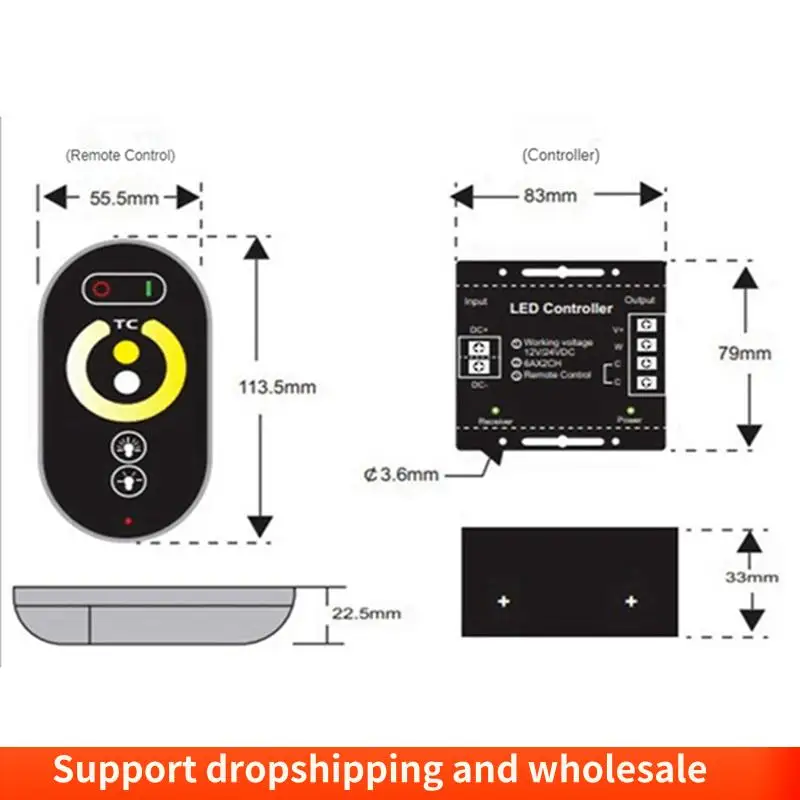 AA86 Tragbarer 6-Tasten-RF-LED-Touch-Dimm-Controller, kabellose Fernbedienung, Streifenlicht, Dimmer, LED, Monochrom, 12–24 V, 18 A