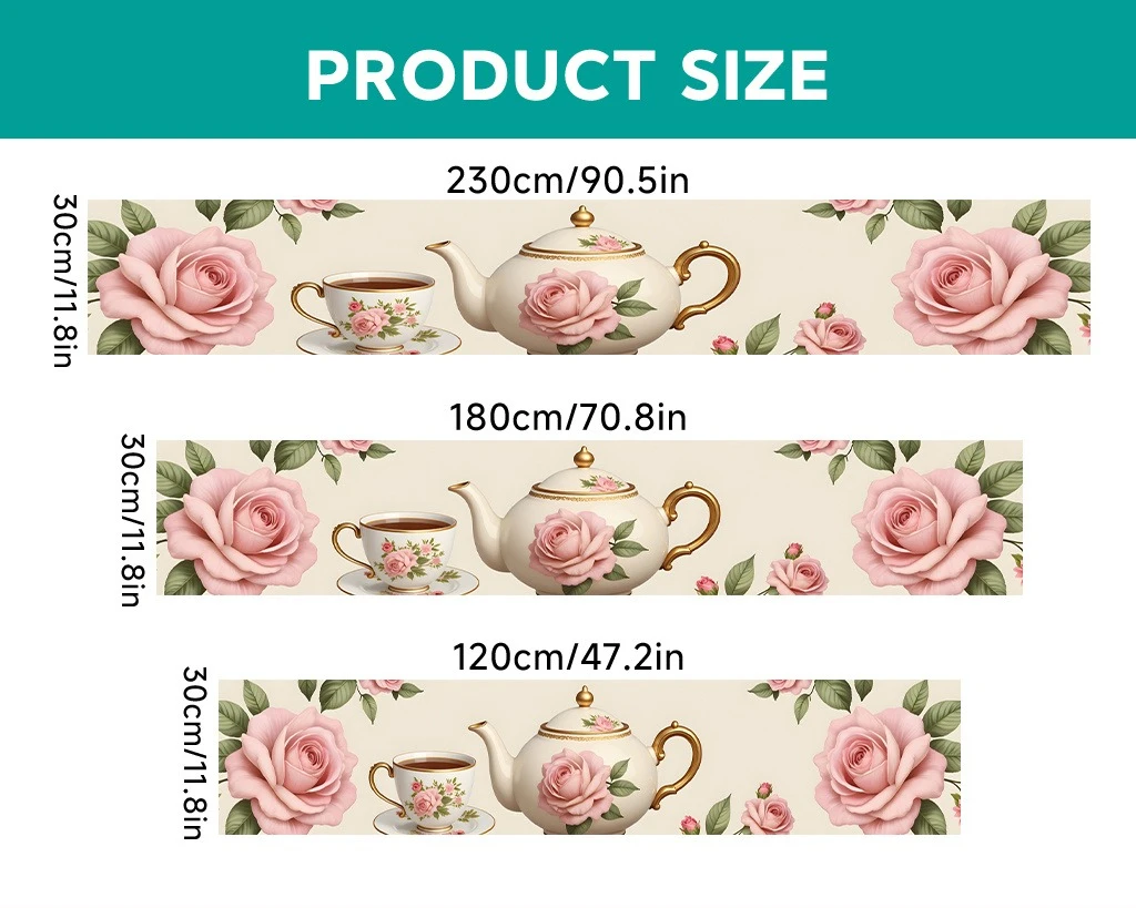 1-Piece Rose Teaware Print Table Runner, Indoor & Outdoor Family Gathering Party Dining Table Runner Decor