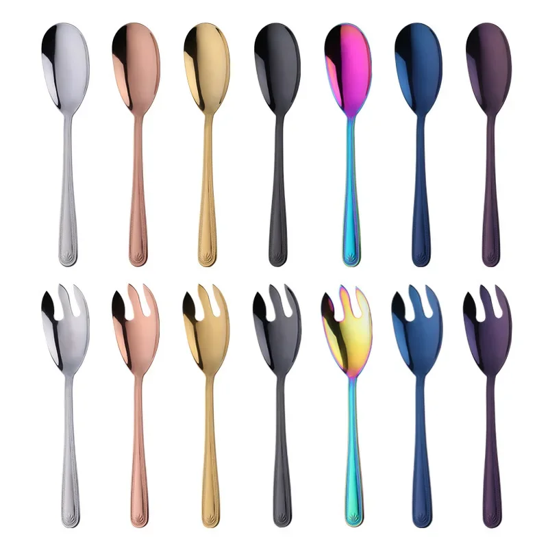 Big Salad Spoon Fork Set Stainless Steel Kitchen Food Server Pasta Utensils Public Gold Tableware Using Buffet Restaurant Tools