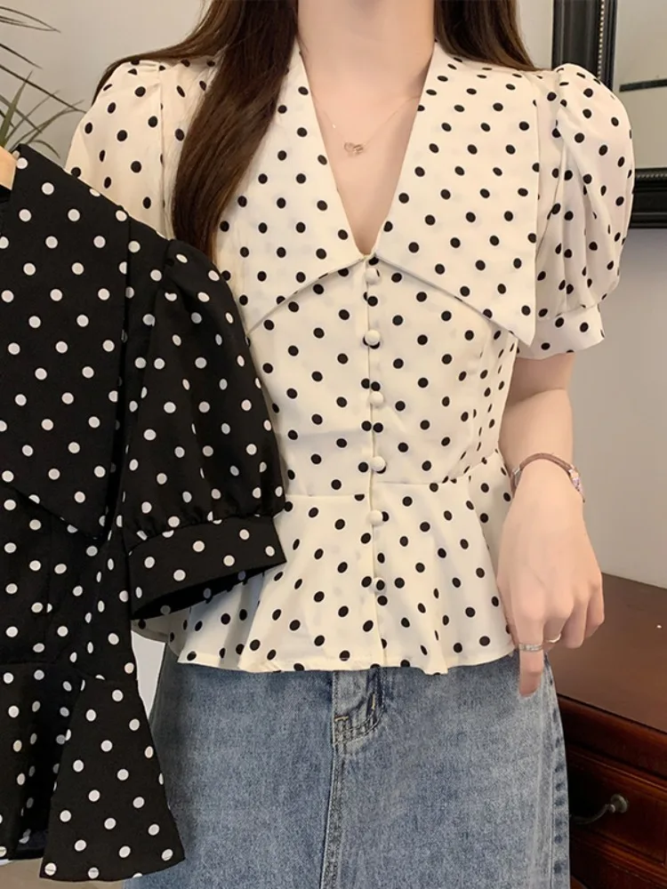 Französisch Retro Polka Dot Puff Ärmel Shirt koreanische Mode taillierte schwarze Bluse elegante Büro Damen Tops Sommer neues Shirt