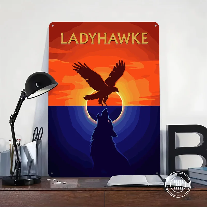 Ladyhawke: Hawk and Wolf Silhouette Art Tinplate Poster Custom Wall Art Vintage Metal Signs Retro Tin Plaque for Office Decor