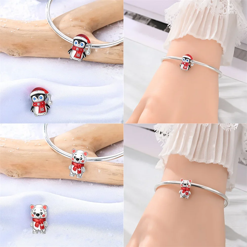 Winter Charms 925 Silver Warm Bear Penguin Snowman Elk Beaded Pendant Fit Original Bracelet Diy Fine Jewelry Gifts for Women