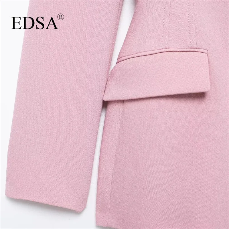 EDSA Women Pink Single Button Blazer Jacket with Flap Pockets for Office Lady Solid Collar Long Sleeves