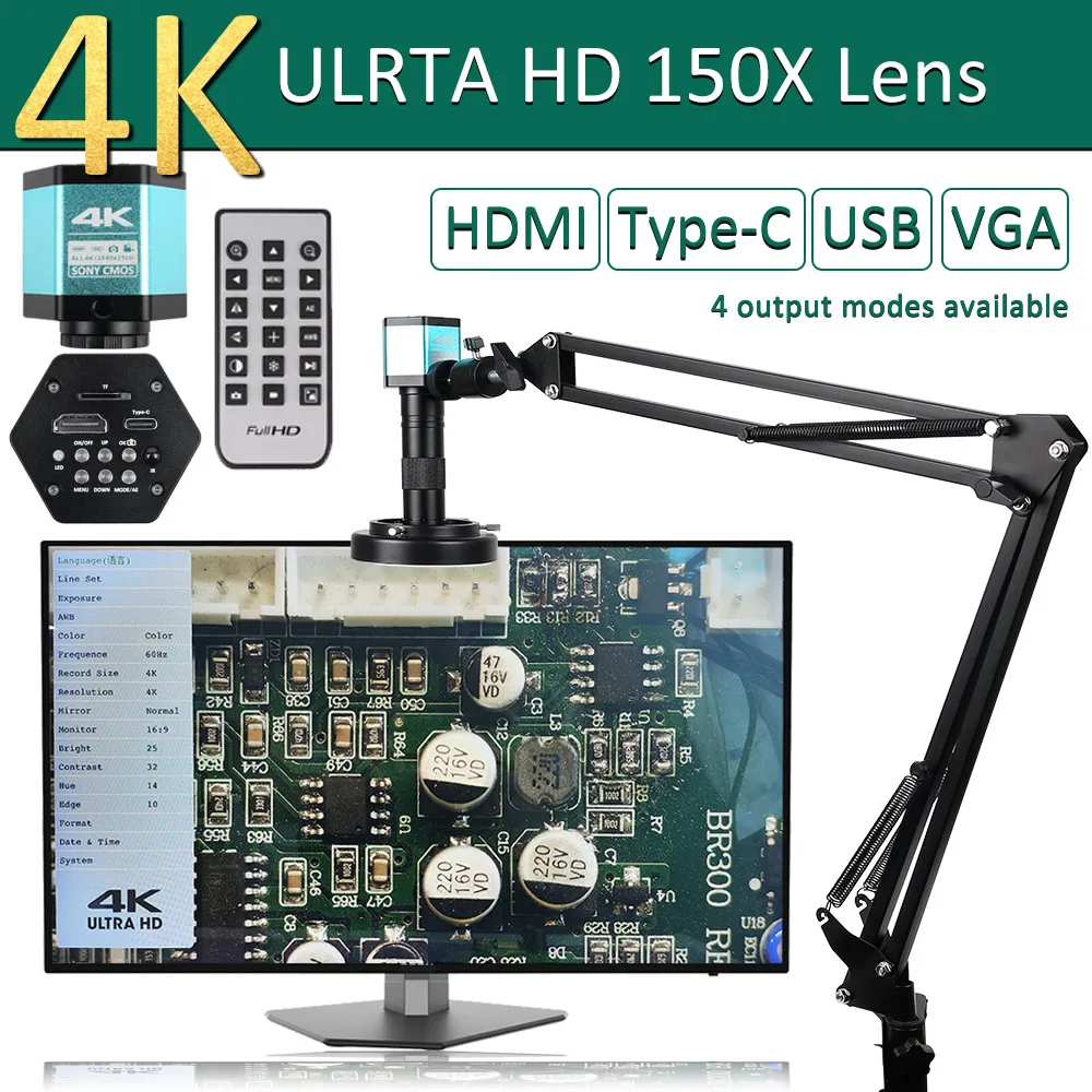 전자 USB 산업용 카메라용 4K 디지털 현미경, HDMI 1-150X 줌 C 마운트 렌즈, 휴대폰 Pcb 납땜, 48MP