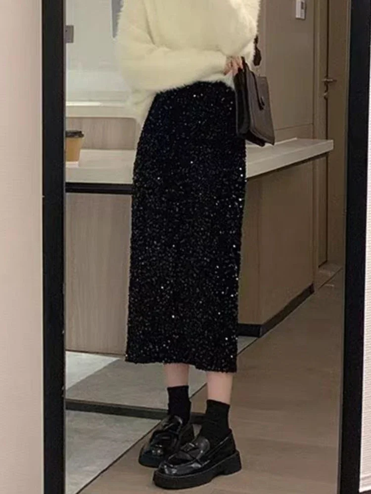 تنانير نسائية متوسطة الطول مطرزة بخصر عالٍ للخريف والشتاء على شكل حرف a أنيقة للسيدات باللون الأسود تناسب جميع الأعمار ملابس الشارع الشهير بلينغ فينتاج