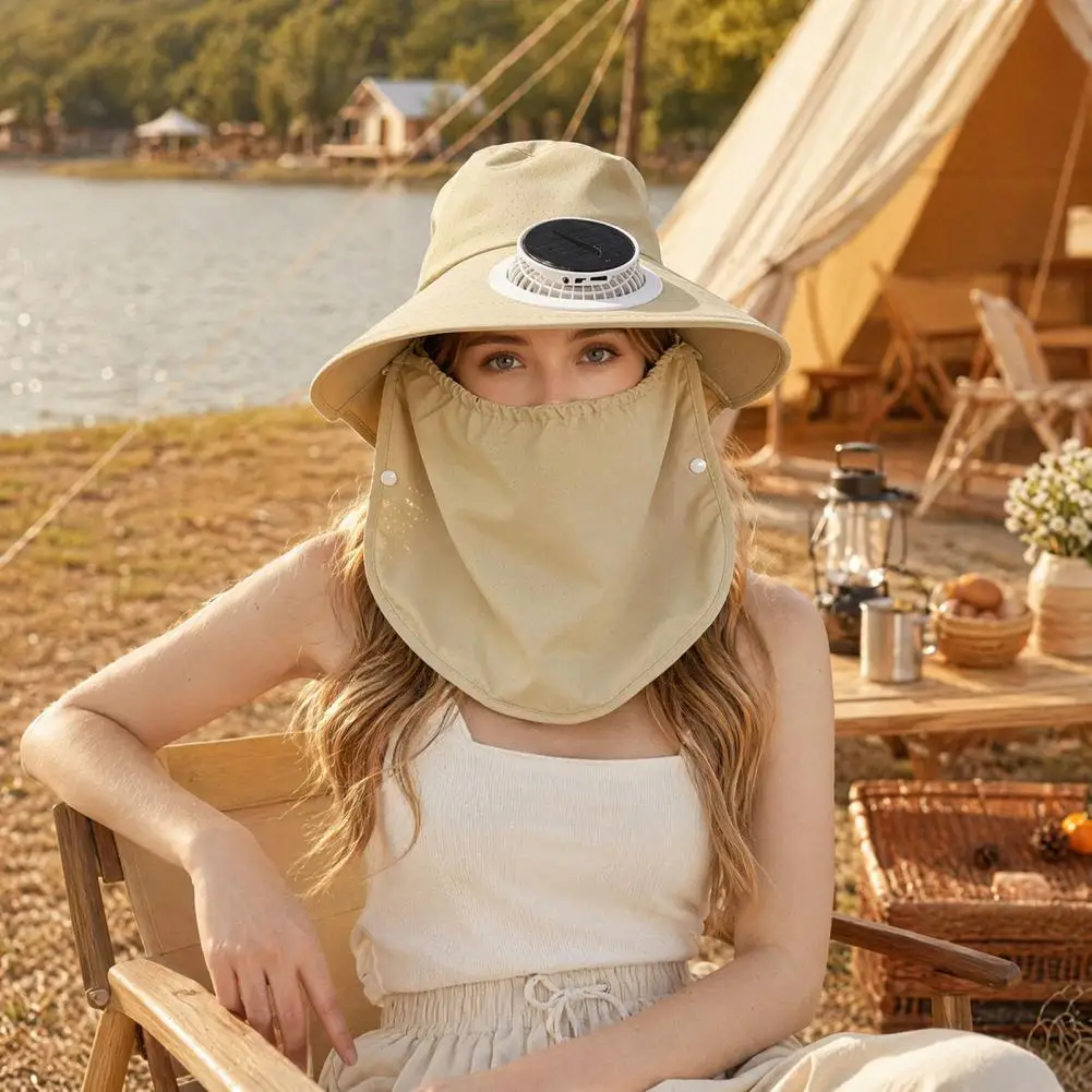 Breathable Outdoor Hat Solar Fan Hat Fisherman Hat with Face Guard Shawl Solar-powered Built-in Fan Cap Upf 50 for Outdoor