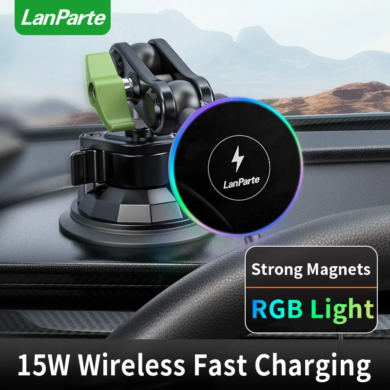 LanParte 15W Fast Qi Wireless Charging Car Phone Holder Suction Dashboard Mount 360 Adjustable Arm Phone Stand for iPhone 16