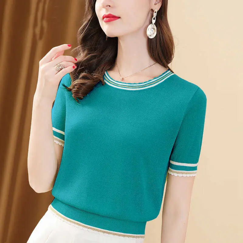 Western Style Summer Women O-Neck Bright Silk Contrast Color Screw Thread Fashion Short Sleeve Slim Pullovers T-Shirts Knit Tops