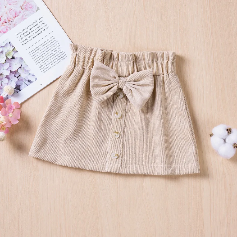 Toddler Girls Solid Button Skirt with Bow Decor Casual Spring Autumn 0-6Y Sweet A-line Dress Half-body Skirt Baby Trendy Clothes