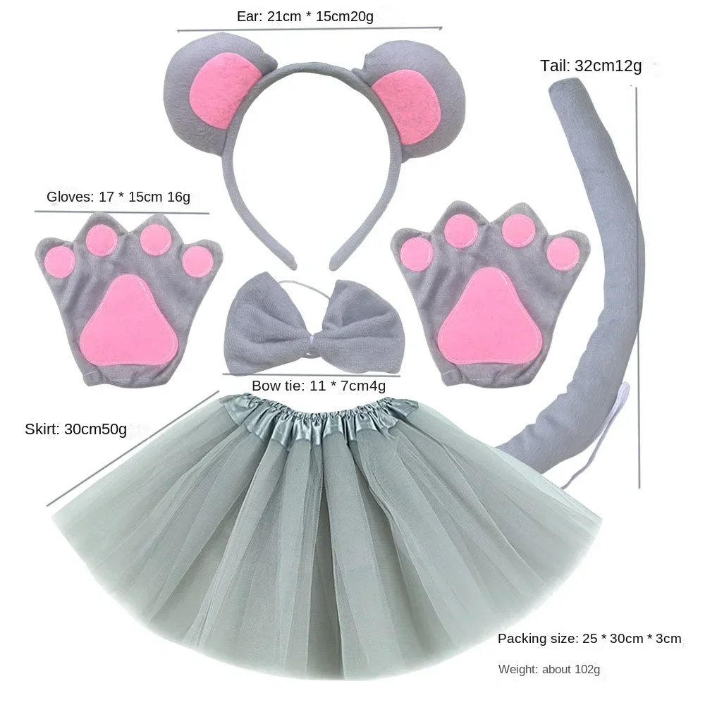 어린이 마우스 세트 귀 머리띠 꼬리 코 활 타이 스커트, 생일 파티 장식 모자, 할로윈 코스튬 코스프레
