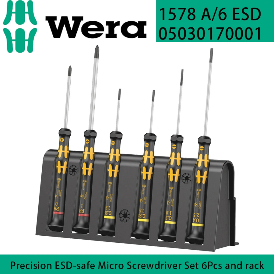 WERA 05030170001 Precision ESD-safe Micro Screwdriver Set 6Pcs and rack for electronic applications 1578A Anti-roll Screwdriver