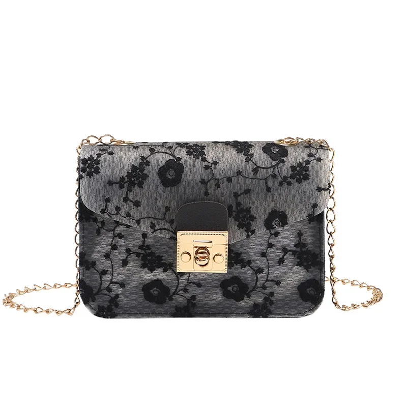 2024 Spring New Product Fashion Lace Small Square Korean Version Casual Mobile Phone Bag Mini Women's Bag Chain Bag