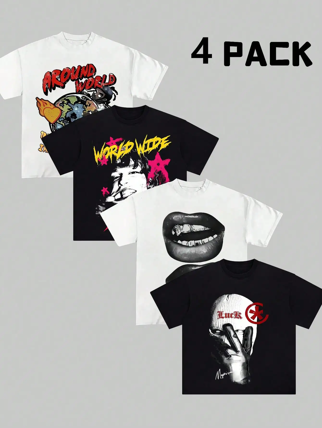 

4-Pack Cotton Graphic T-Shirts for Men, Streetwear Style, Casual Short Sleeve