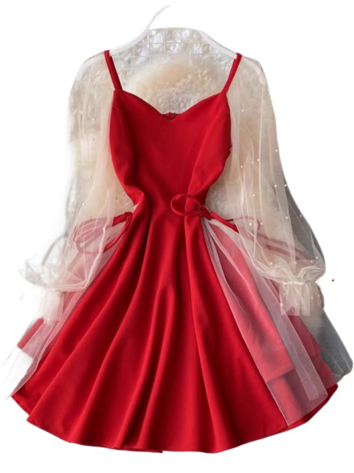 Robe rouge à bretelles Spaghetti pour femmes, en Tulle, manches perlées, panneaux, Slim, ligne a, Date française, Mini robe de fête de mariage, nouvelle collection 2025