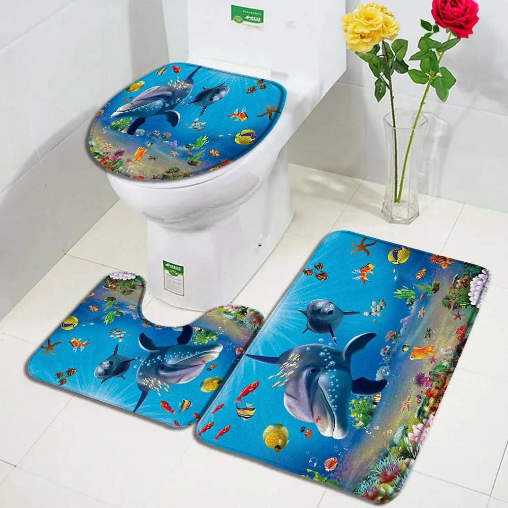 Funny Dolphin Bath Mat Set Sea Turtle Fish Animal Underwater Scenery Children Bathroom Decor Carpet Non-Slip Rug Toilet Lid Mats