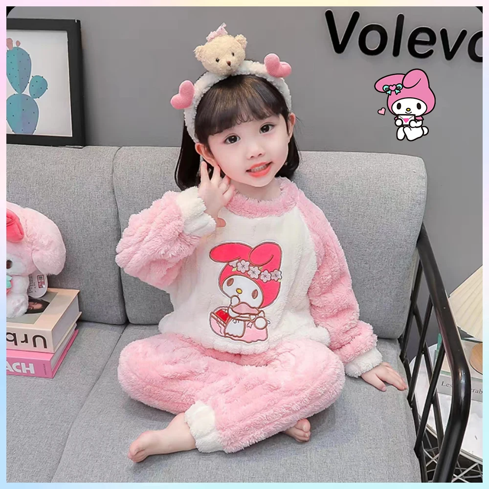 

Детские утепленные пижамы из кораллового флиса с рисунком Sanrio Melody, фланелевая домашняя одежда, осенне-зимняя новая одежда для сна для девочек