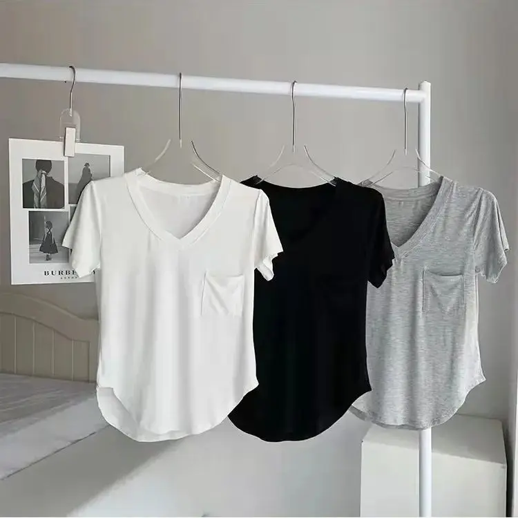 Summer Loose Fit V-Neck Modal Cotton Short Sleeve T-Shirt Women's Pure Desire Draping Sense Shoulder Bone Locking Pocket T-Shirt