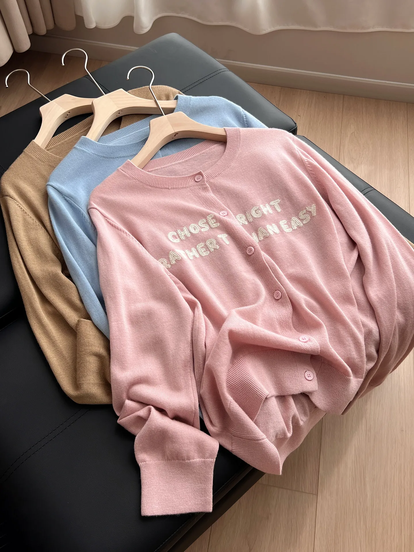 

Women's Wool Knitted Cardigan round Neck Sweater Autumn Winter Style Embroidered Letter Design Minimalist Fashion Long Sleeve
