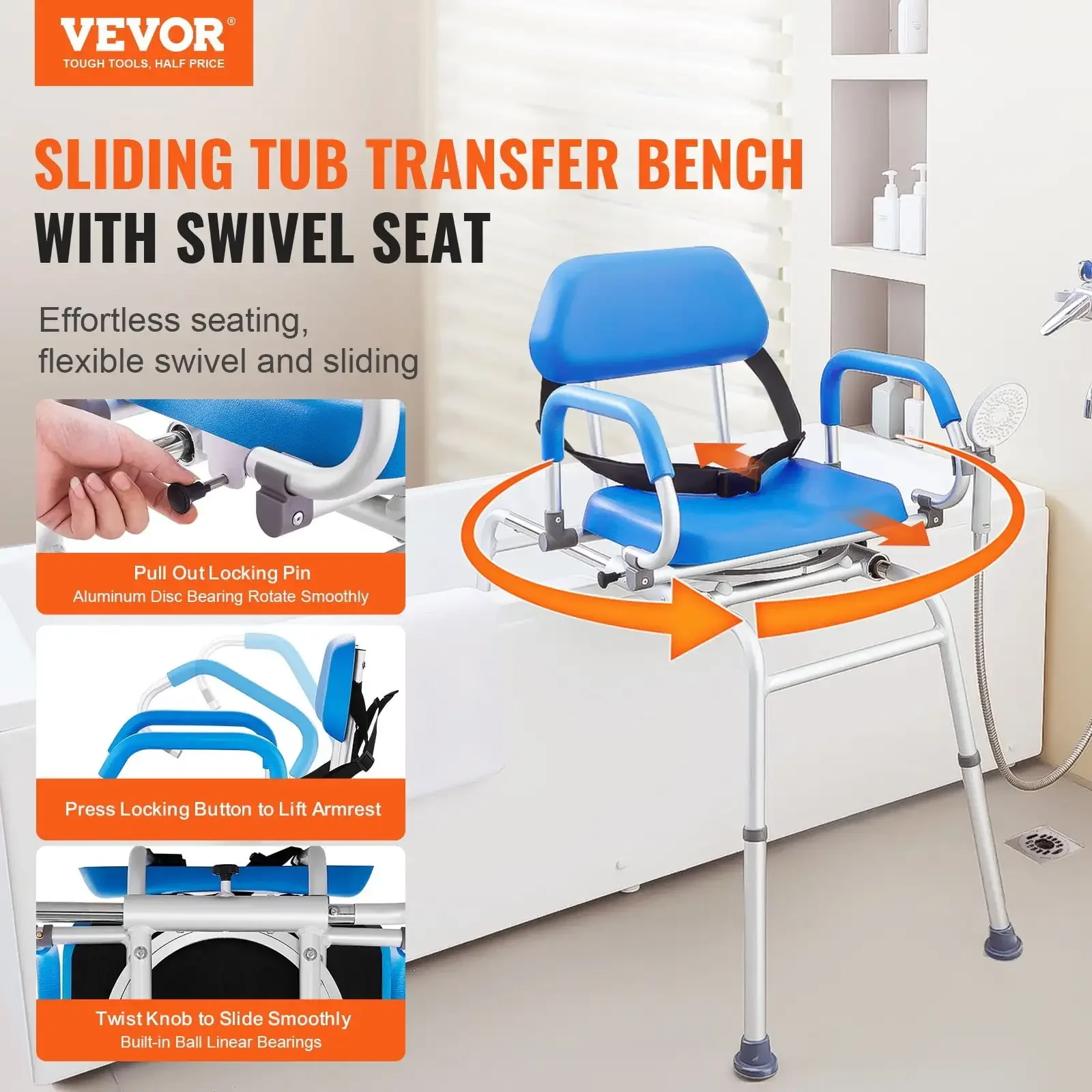

Sliding Tub Transfer Bench Shower Chair with 360 Degree Swivel Seat 330LBS