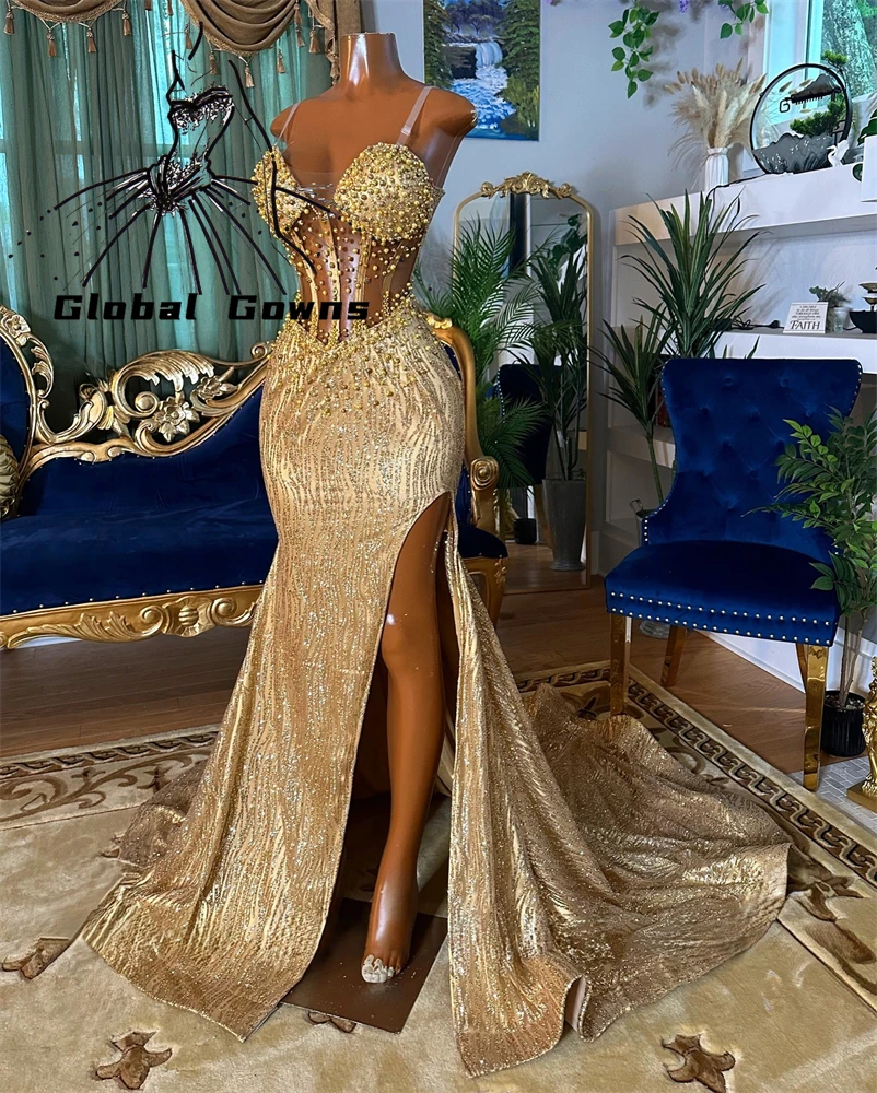 

Gold Sweetheart Long Prom Dresses For Black Girl Beaded Crystal Corset Dress High Split Evening Dresses vestidos de festa