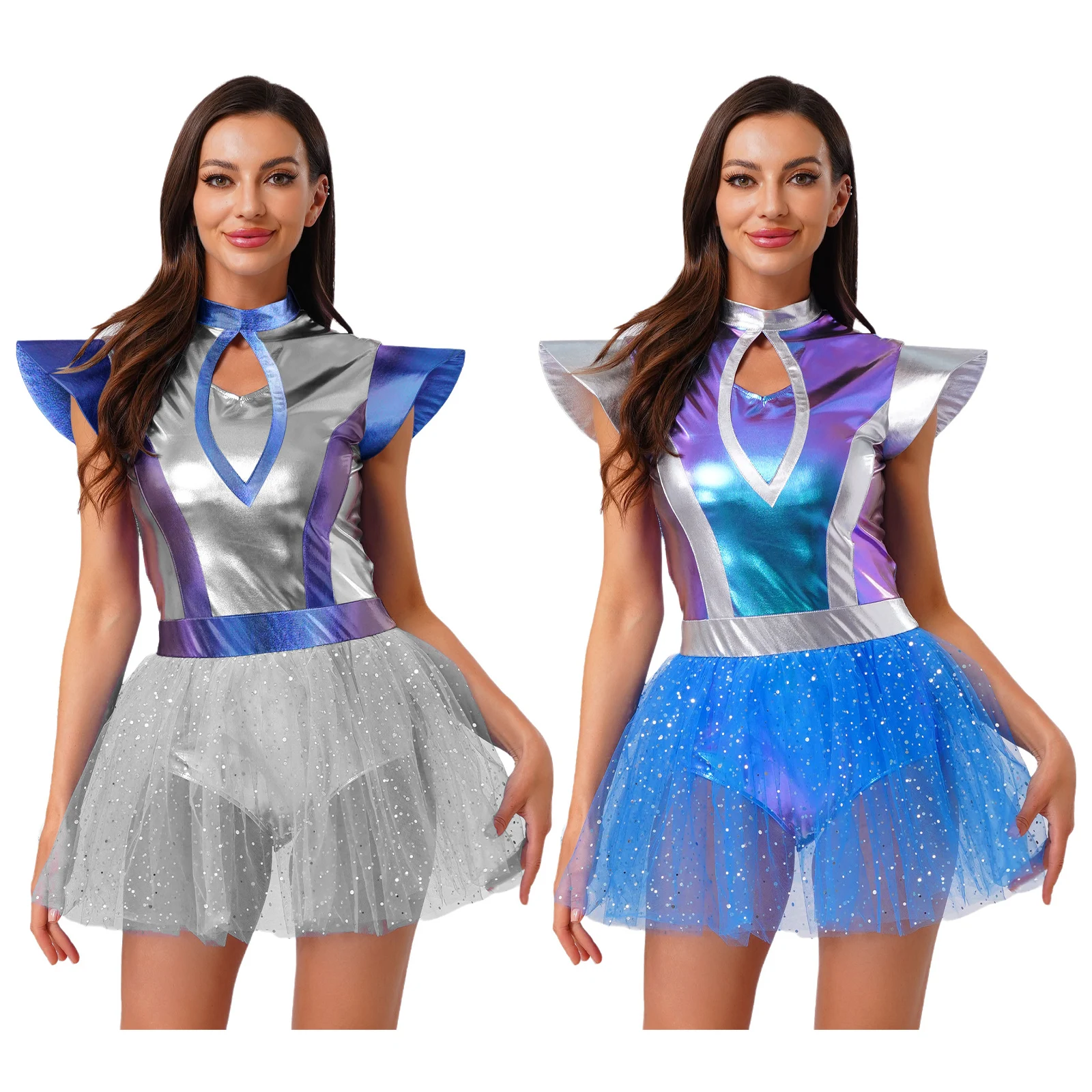 Woman's Outerspace Astronaut Alien Robot Halloween Cosplay Costume Metallic Cap Sleeve Leotard Tutu Skirts for Rave Party view 4