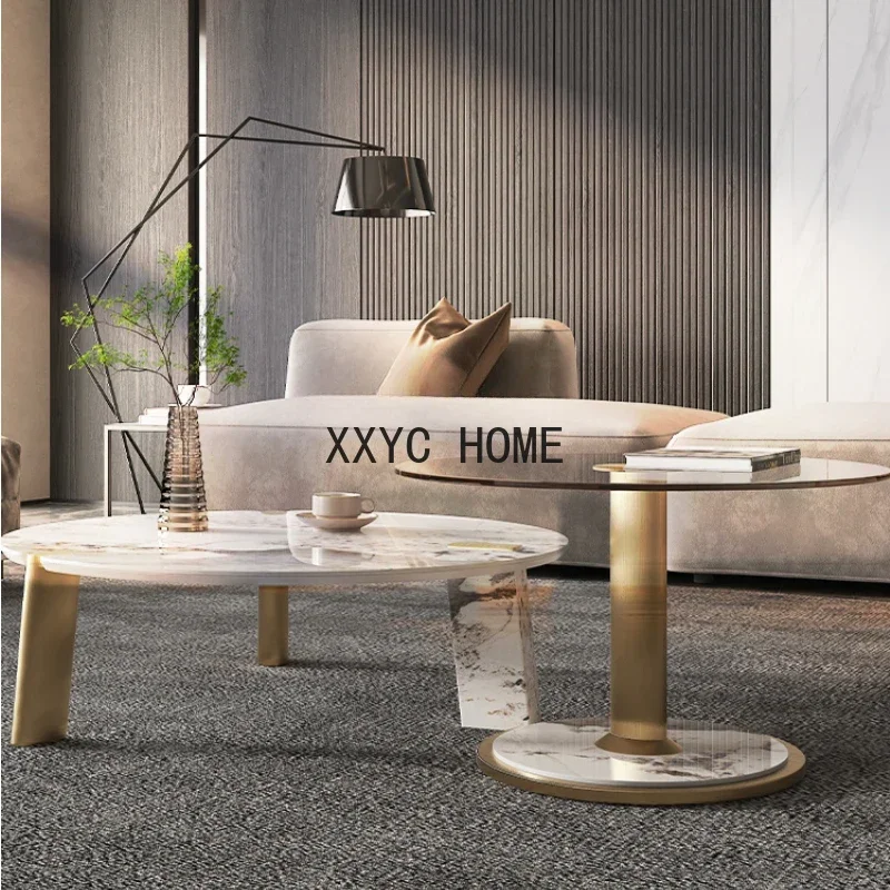 

round Stone Plate Coffee Table Modern Minimalist Living Room Home Small Apartment Tempered Glass Small Coffee Table