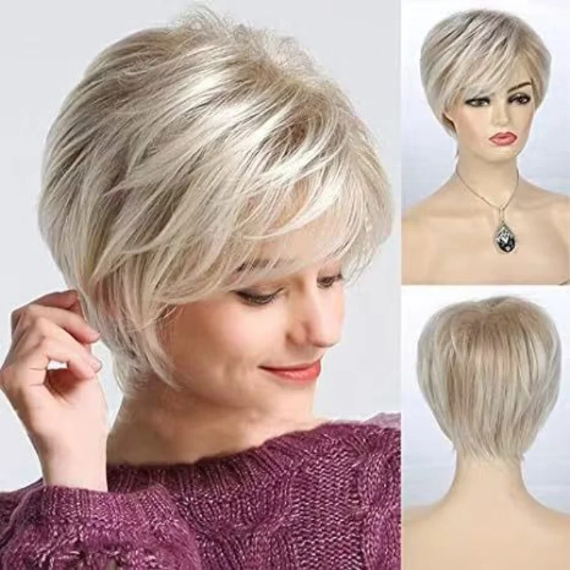 

Fashionable light gold short synthetic wig headband for women