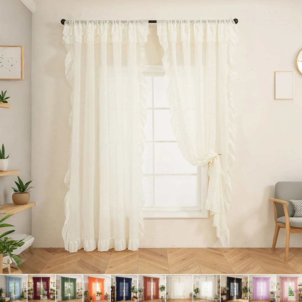 

Solid Color Sheer Window Curtain with Ruffled Trim for Girls Bedroom Romantic Bay Window Drapes Privacy Protecting Sheer Drapes