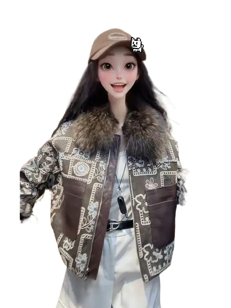 Damska, codzienna, bawełniana kurtka z ociepleniem, patchworkowa, zimowa, ciepła, rekreacyjna, zapinana na zamek, z kwiatowym wzorem.