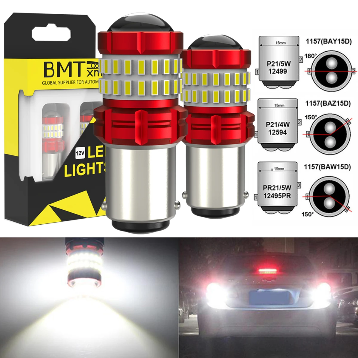 

BMTxms 2x 6000K White Canbus 1157 BAY15D P21/5W BAW15D PR21/5W BAZ15D P21/4W LED Car Moto Reverse DRL Light Backup Day Lamp Bulb