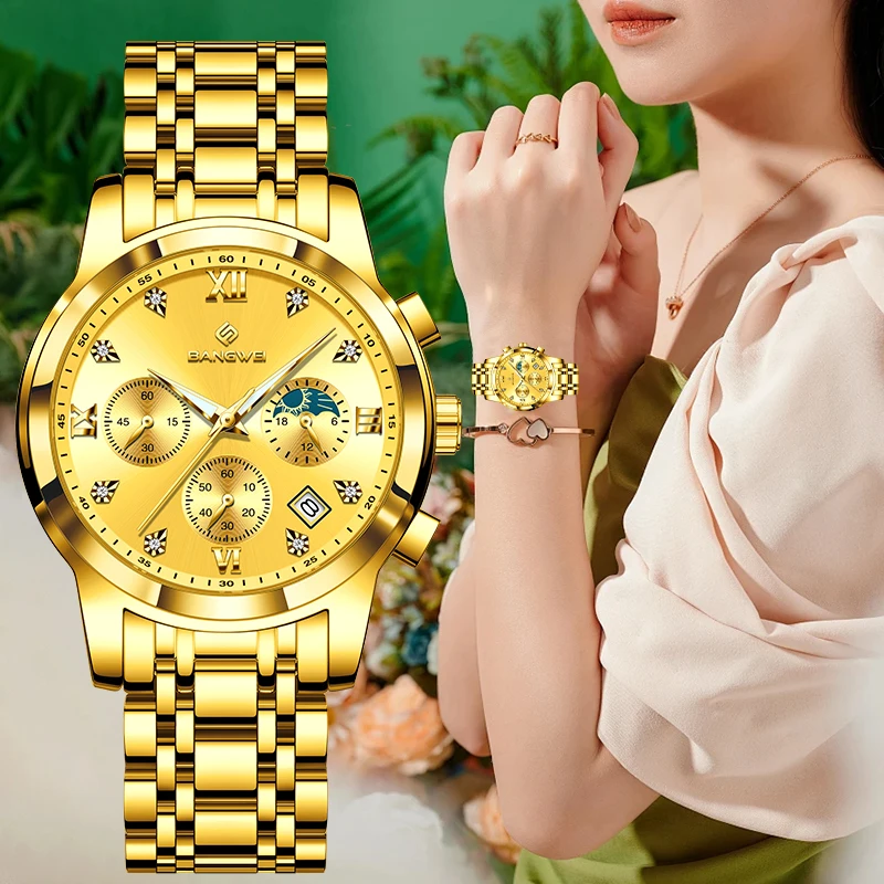 BANGWEI Elegant Luxury Woman Watch Classic Steel Belt Auto Date Moon Phase Clocks Fashion Waterproof Quartz Women's Wristwatches