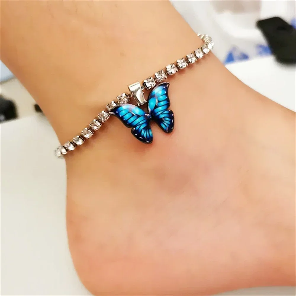 Bohemian Metal Butterfly Anklet Bracelet Colorful Bling Bling Tennis Anklet For Women Girls Summer Beach Foot Chain Accessories