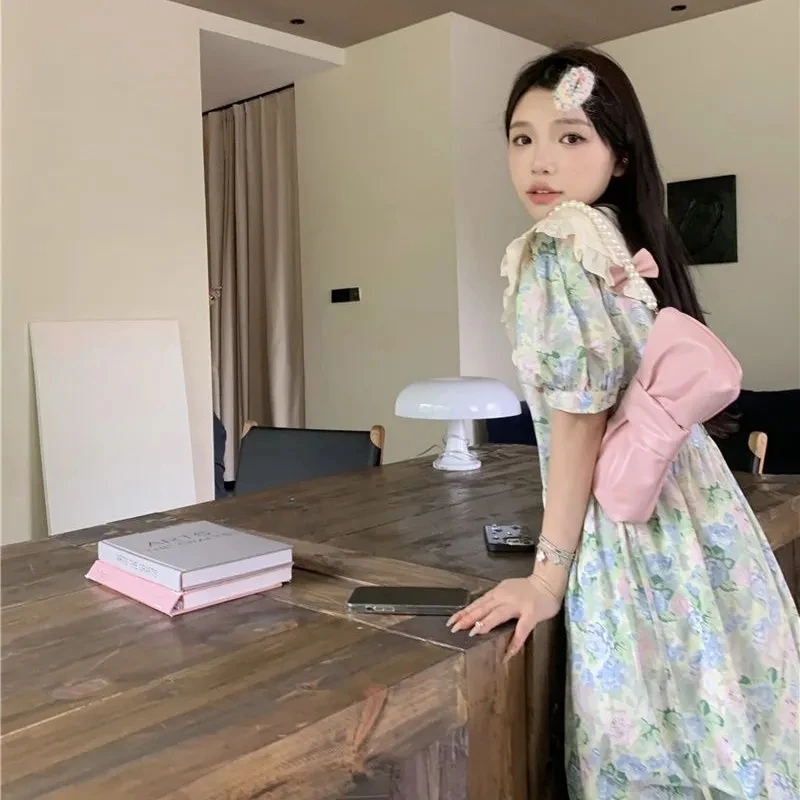 Plus Size 5XL 140KG Summer Floral Dress Peter Pan Collar Elegant Dresses Short Sleeve Woman Casual Evening Holiday Floral Dress