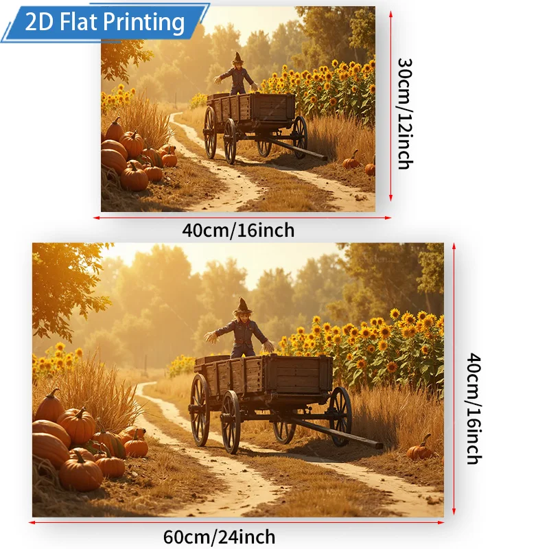 [2D شقة] 1 قطعة 4x16 بوصة علامة معدنية ريفي الخريف الفزاعة عربة عباد الشمس الميدان 2D شقة طباعة المعادن جدار ديكور فني