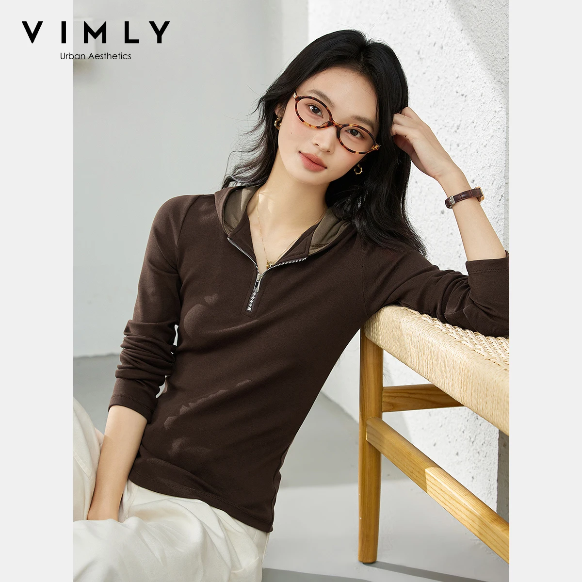 VIMLY Women's Hoodies 2025 Autumn Casual Slim Fit Half-zipper Long Sleeve Sweatshirt Hooded Patchwork Ladies Tops A1926