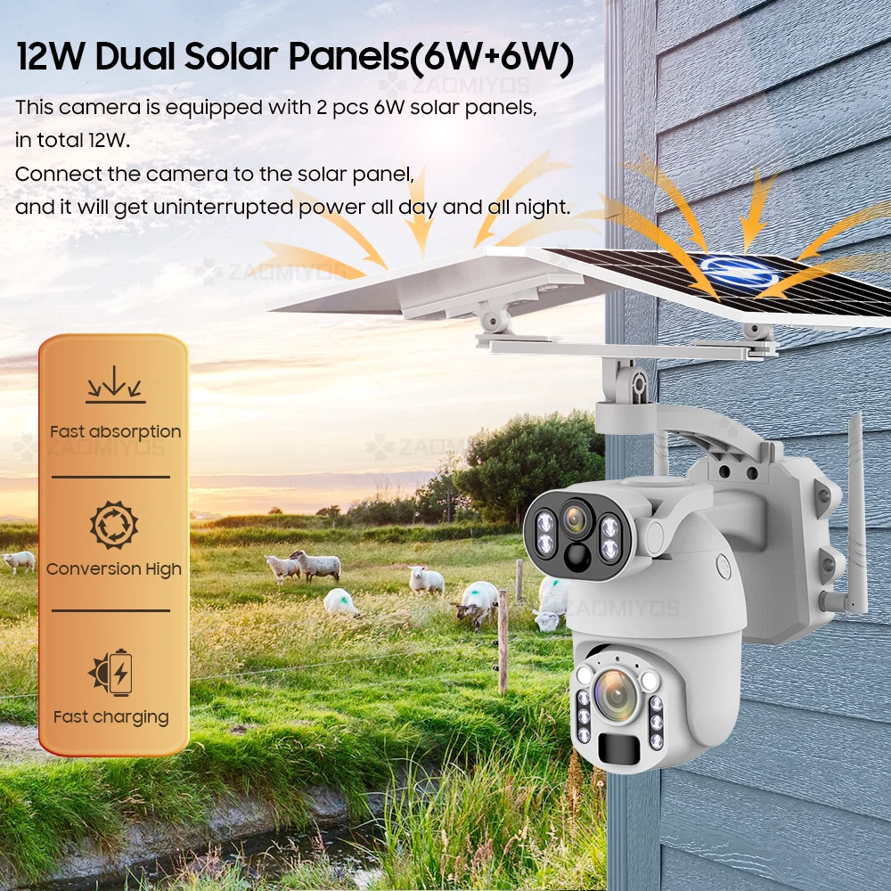 8MP 4G Dual Screen Solar Camera 4K 50X Zoom Dual Lens Recording Humanoid Tracking Outdoor WIFI PTZ Waterproof IP Security Camera