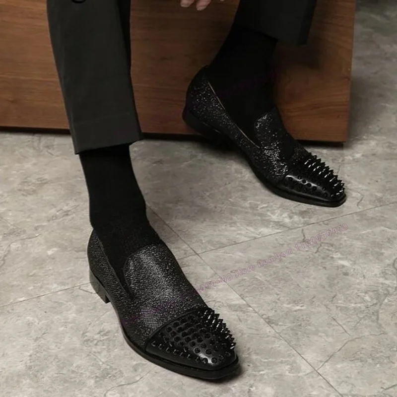 

Black Rivet Decor Men's Loafers Chunky Heels Shallow Comfortable Dress Shoes Business Runway Designer 2025 New Style Shoes