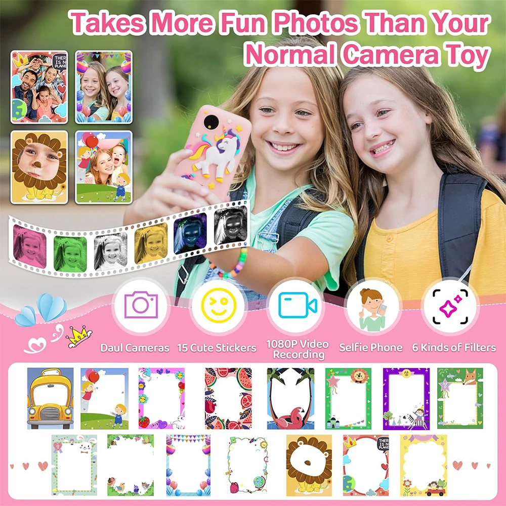 Téléphone et appareil photo pour enfants, jouets pour filles et garçons âgés de 3 à 10 ans, jeux de puzzle, Tooddler, lecteur de musique, réglemente 3, cadeaux d'anniversaire avec 32 Go