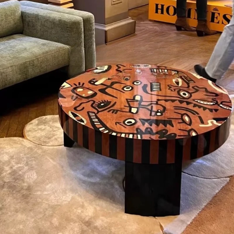 

Solid wood medieval painting art coffee table creative painting living room senior round coffee table household parquet table