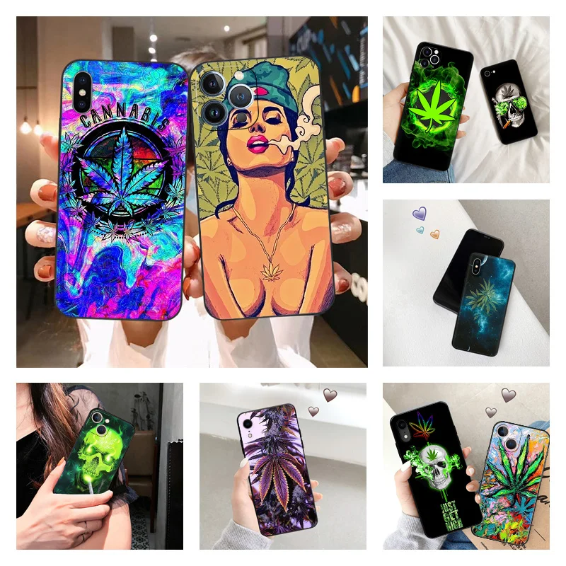 Black Matte Phone Case for iphone 16Pro 15 14 13 12 Mini 11 16 Pro Max 7 8 Plus XS XR Abstractionism Trippy Weed Leaf Soft Cover