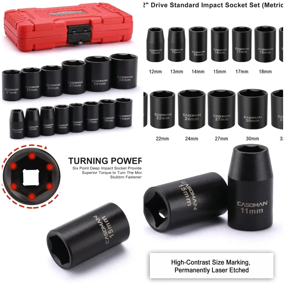 

Набор из 14 неглубоких ударных головок с приводом 1/2 дюйма, метрические, 6 точек, от 11 до 32 мм