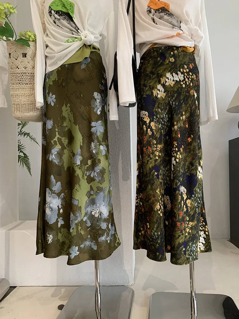 Harajuku Olive Green Floral Print Midi Skirt High Waist Satin Mermaid Skirt With Watercolor Flower Print For Women Vintage Niche
