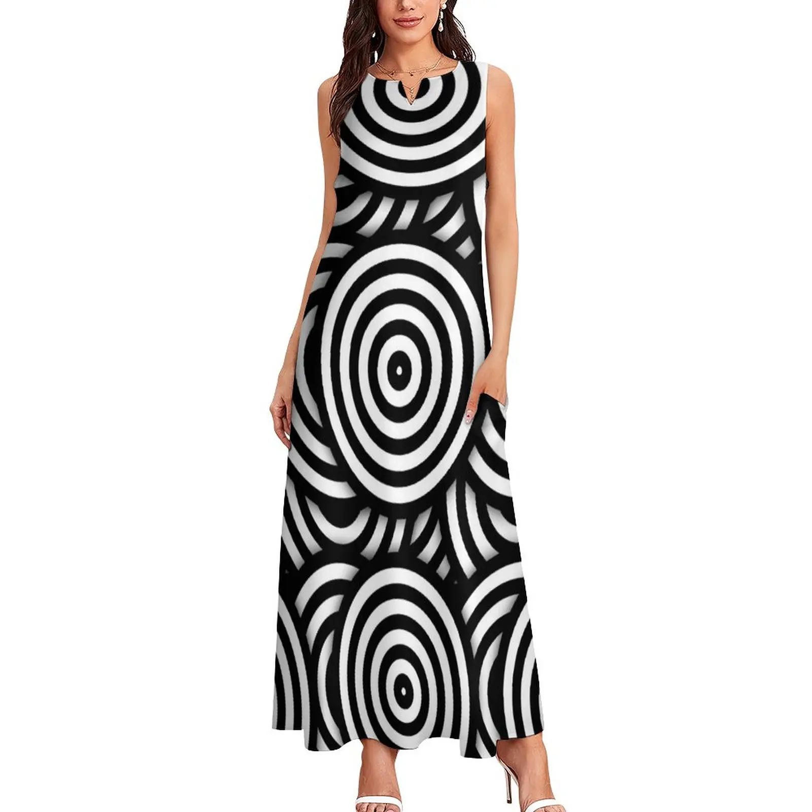 Retro Psychedelic Op Art Dress Black White Circles Night Club Maxi Dress Street Wear Bohemia Long Dresses Summer V Neck Vestidos