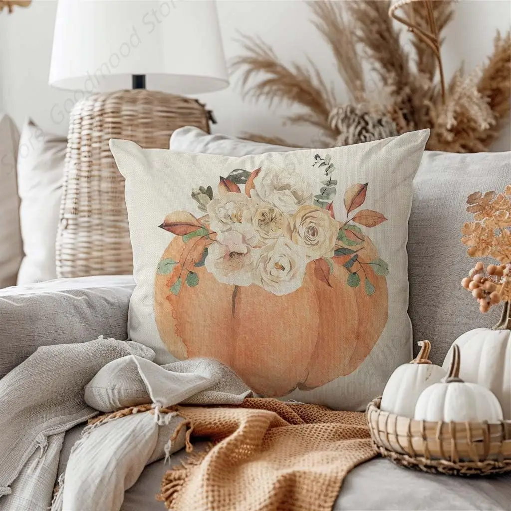 Fall Throw Pillow Covers 18x18 Inch Set of 2 Pastel Orange Pumpkin White Floral Outdoor Autumn Farmhouse Cottage Thanksgiving