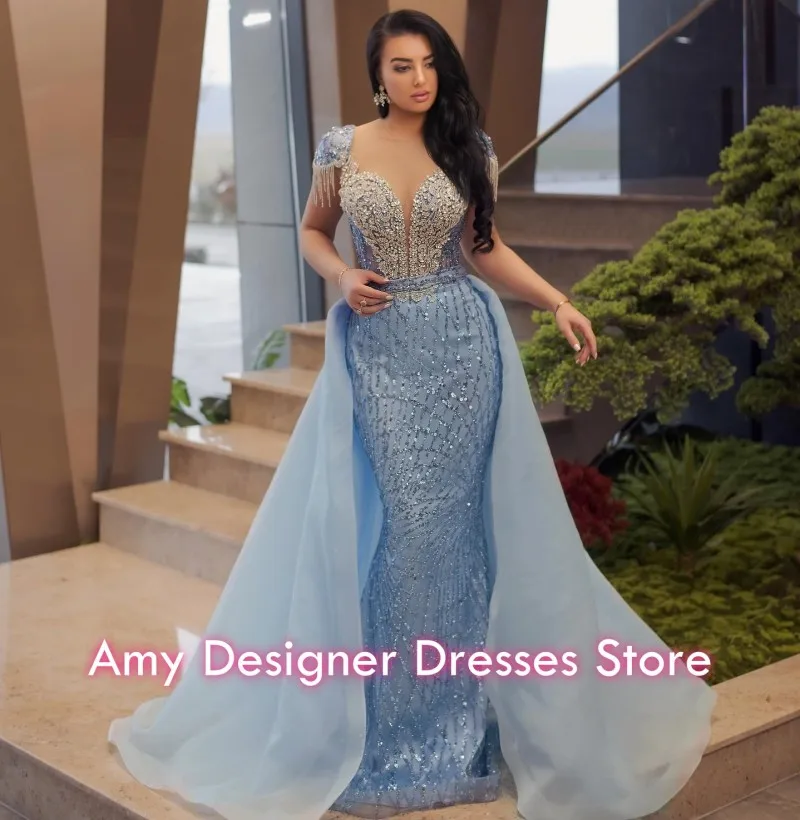 

Luxurious Women Evening Dresses Detachable Train Sequin Crystal Mermaid Prom Dress For Women Arabic Dubai Party Gowns Customized