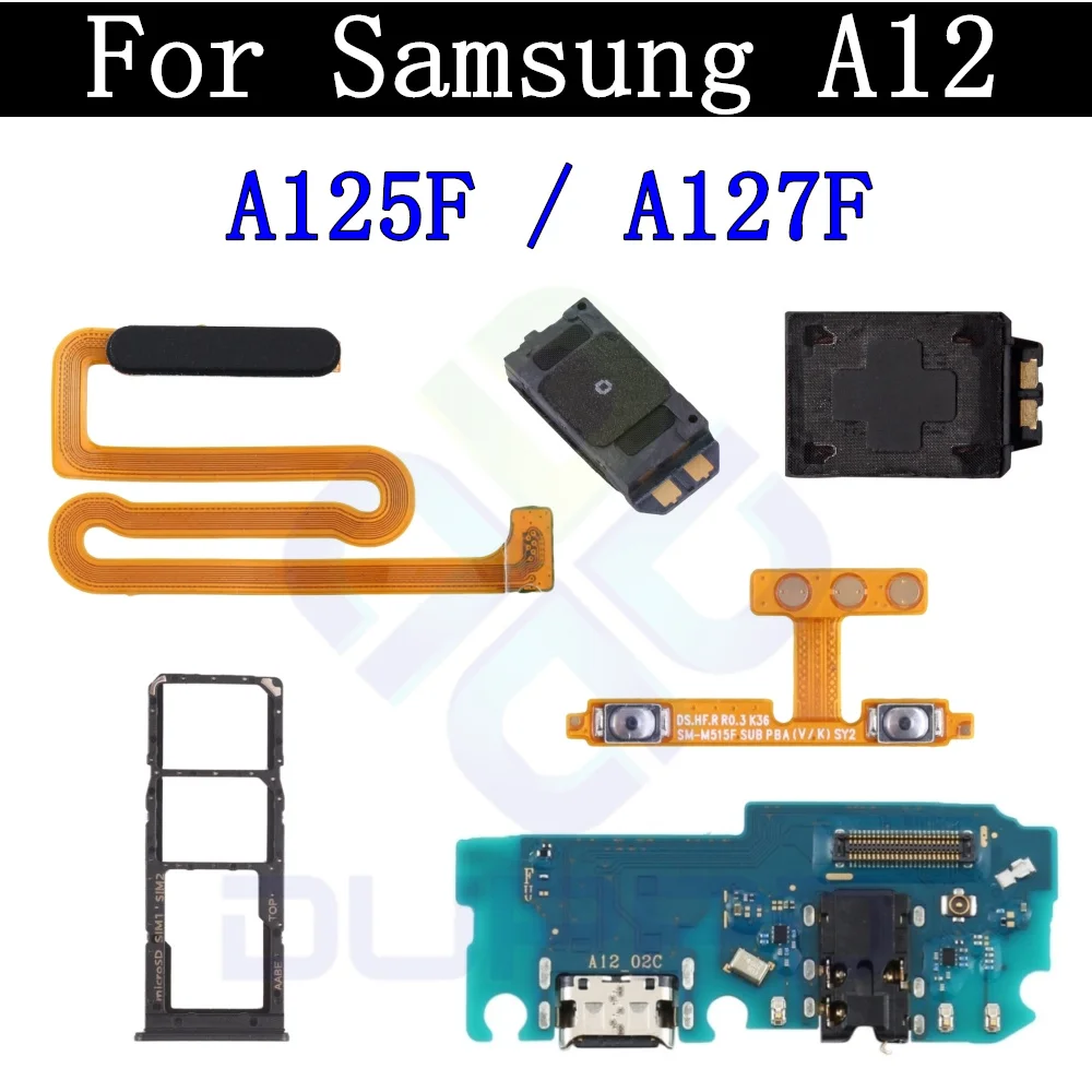 Top Ear Loud Speaker SIM Card Tray Charging Port Board For Samsung A12 A127 A125F Fingerprint Sensor Signal Volume Flex Cable