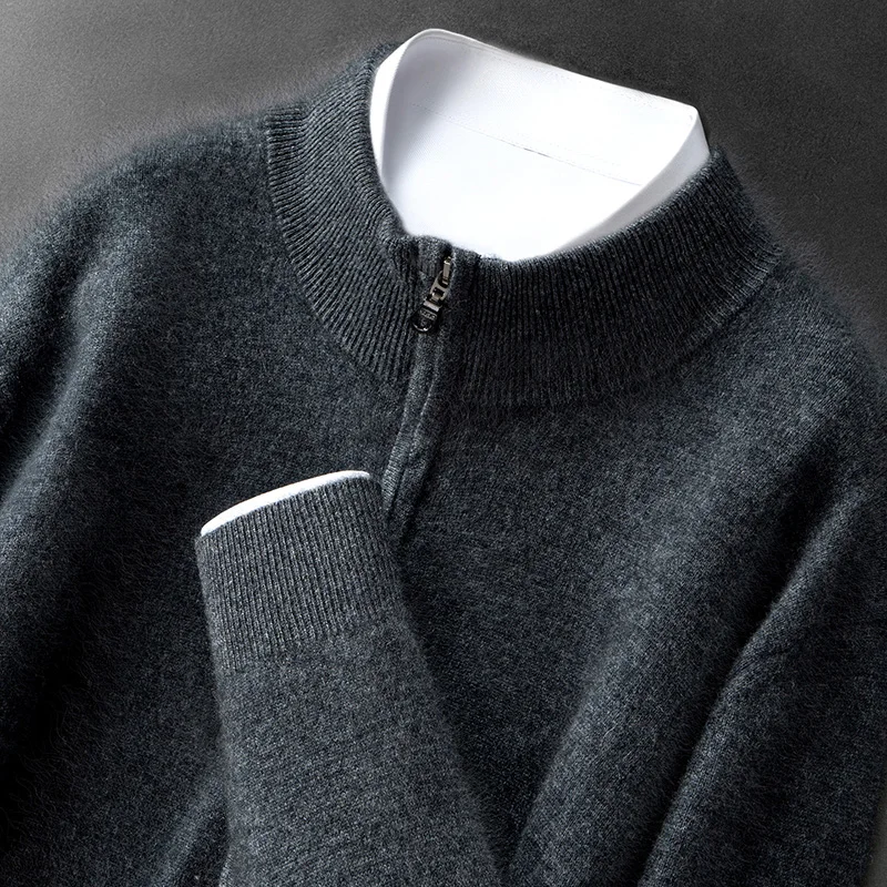 Nowy męski kardigan z dzianiny z kaszmirem 100%, z golfem, zapinany na podwójny zamek, jednolity kolor, z kieszeniami, ciepły płaszcz, kolekcja Jesień-Zima 25.
