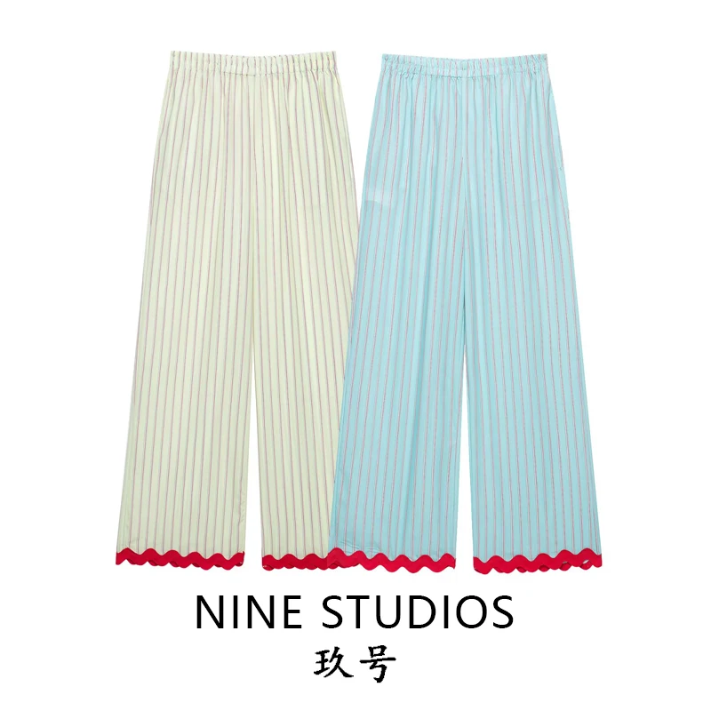 NINE ZAR Women's Casual Striped Wide Leg Pants Elastic Waist Wave Lace Hem Versatile Comfortable Fit European Style Winter Co...