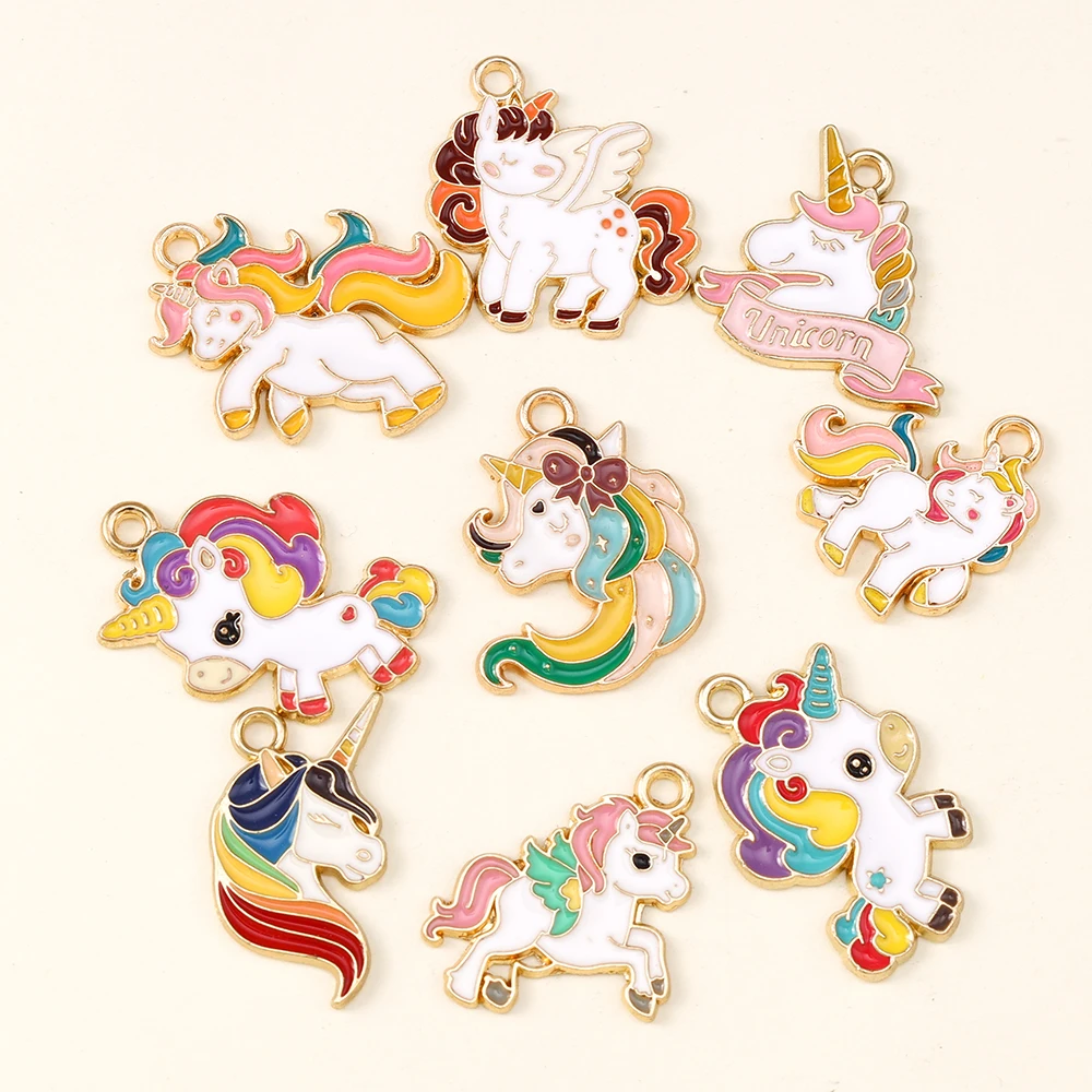 10 Uds. De dijes de unicornio esmaltados, colgantes coloridos de unicornio y caballo para collares DIY, pendientes, accesorios de joyería