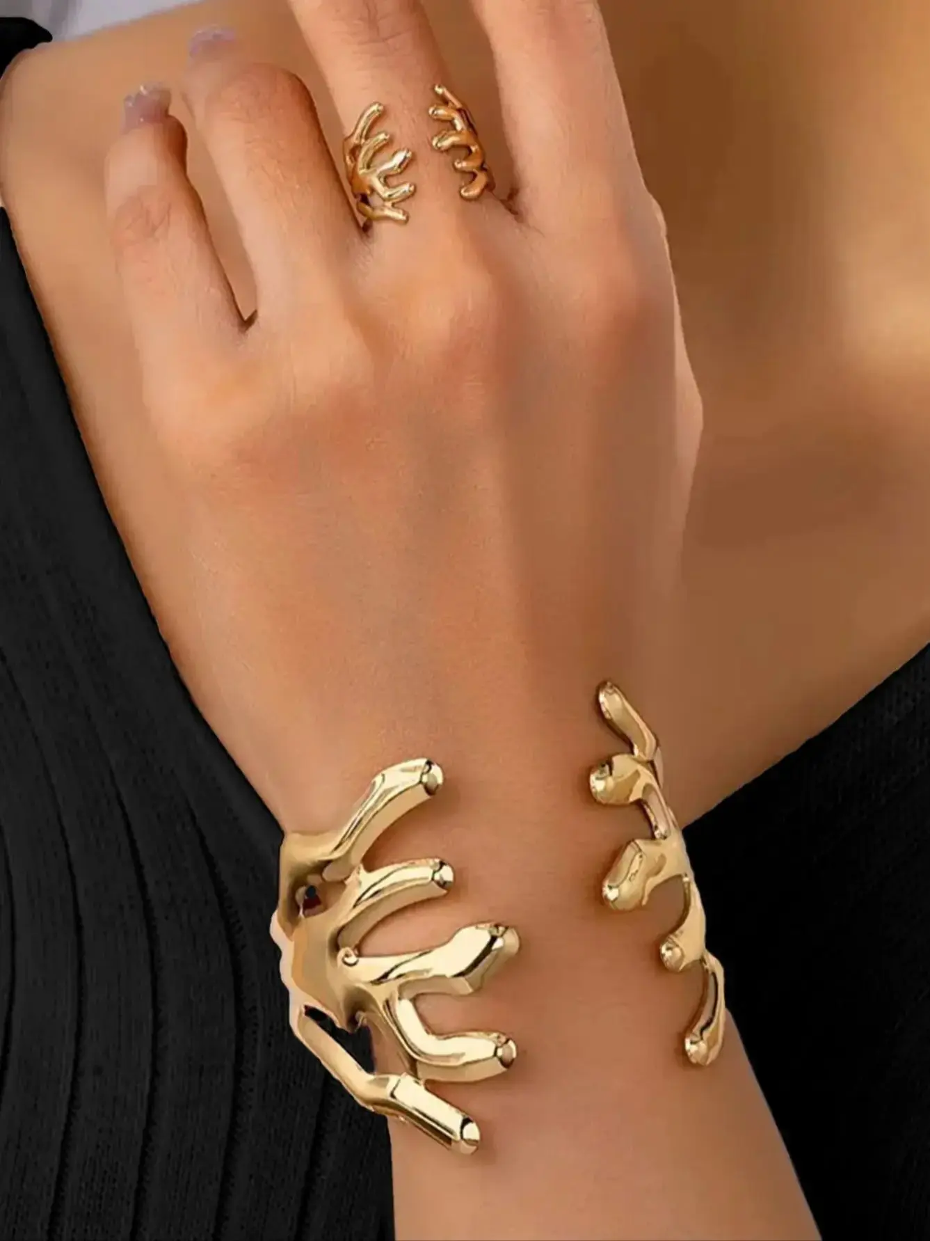 

Unique Coral Shape Irregular Geometric Bracelet & Ring Set, Designer Hand Jewelry